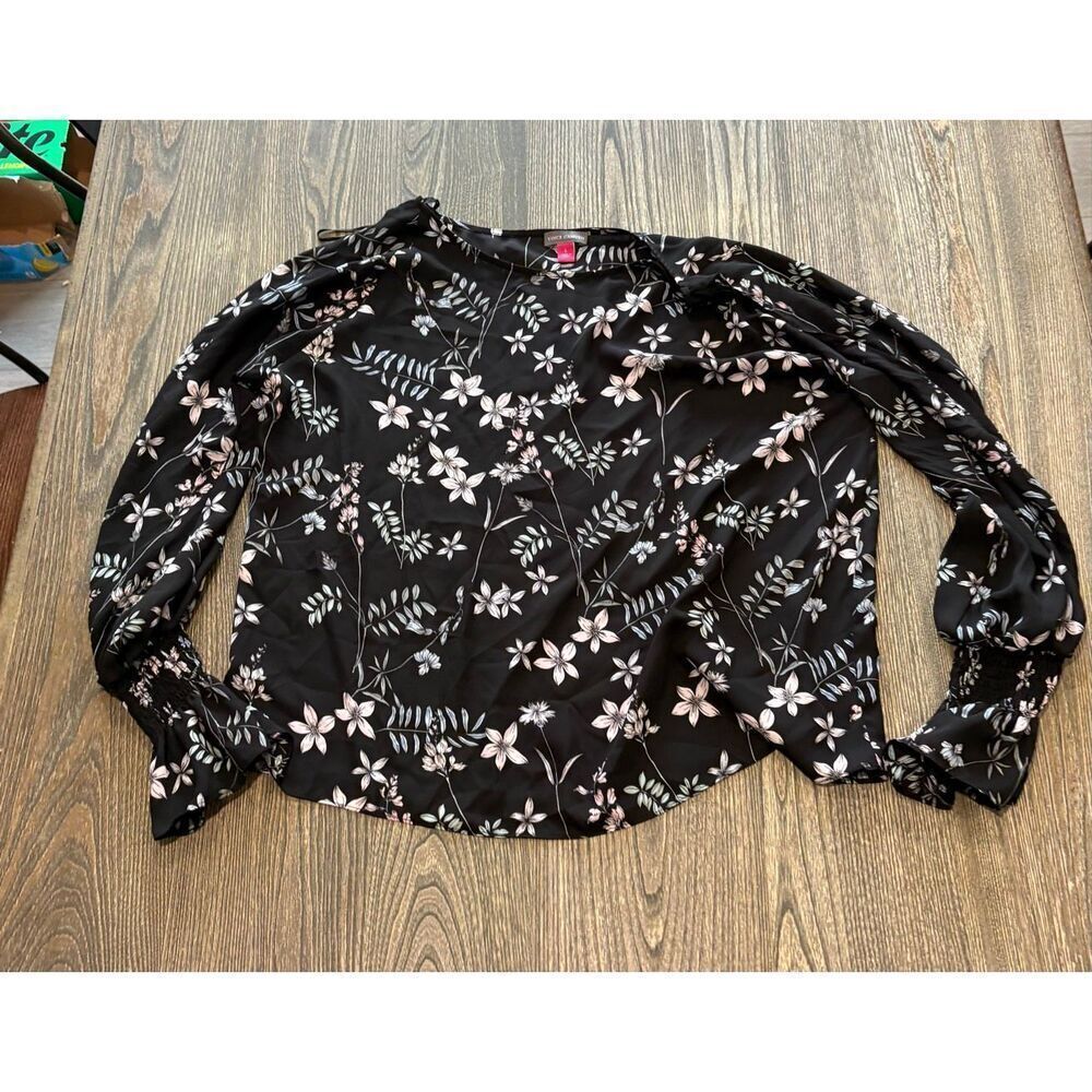 Vince Camuto Womens Long Sleeve Blouse Floral Top Pullover Black/Multi Size L